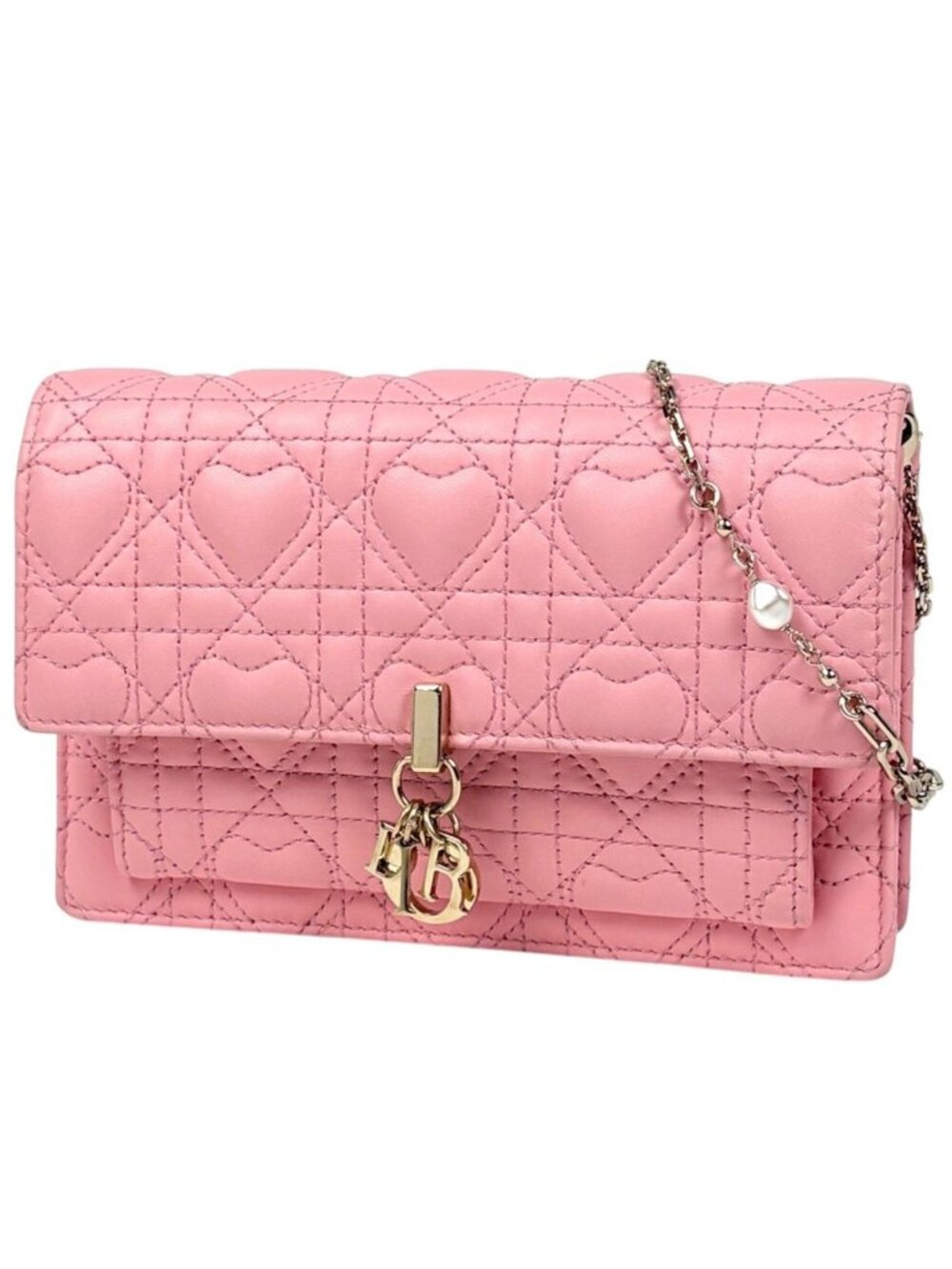Dior My Daily Chain Wallet Heart Cannage Leather Pink Shoulder Bag